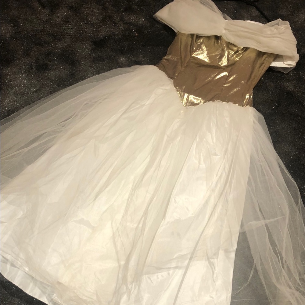 Vintage White and Gold Maxi Dress with Tulle Overlay